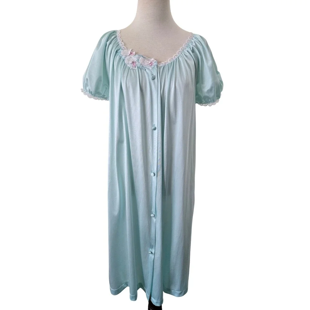 Vtg Vandemere Mint Green Button Front Nightgown Lace Floral Puff Sleeve S Nylon